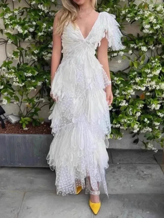 Feather Hollow V-Neck Suspender Dress -Guocali