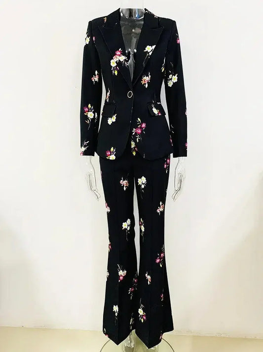 Floral Pant Suit - Notched Collar Women Trouser Suit -Guocali