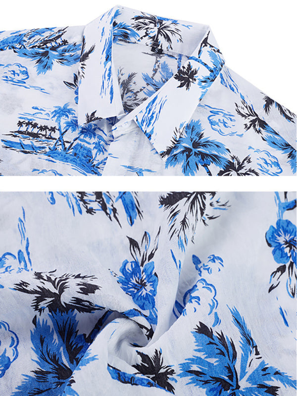 Men Casual Short Sleeves Hawaiian Shirt – Lightweight - Blue, White