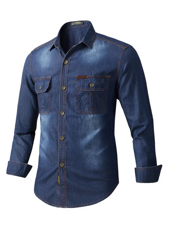 Men Casual Long Sleeves Work Denim Shirt – Breathable - Blue