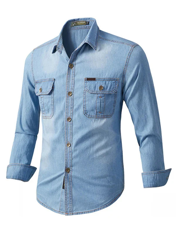 Men Casual Long Sleeves Work Denim Shirt – Breathable - Blue