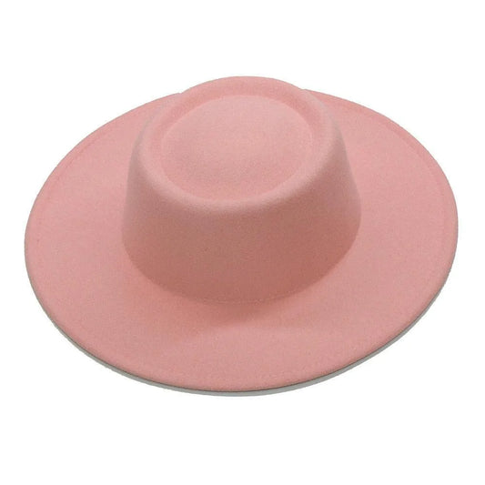 Light pink fedora hat with wide brim on a white background