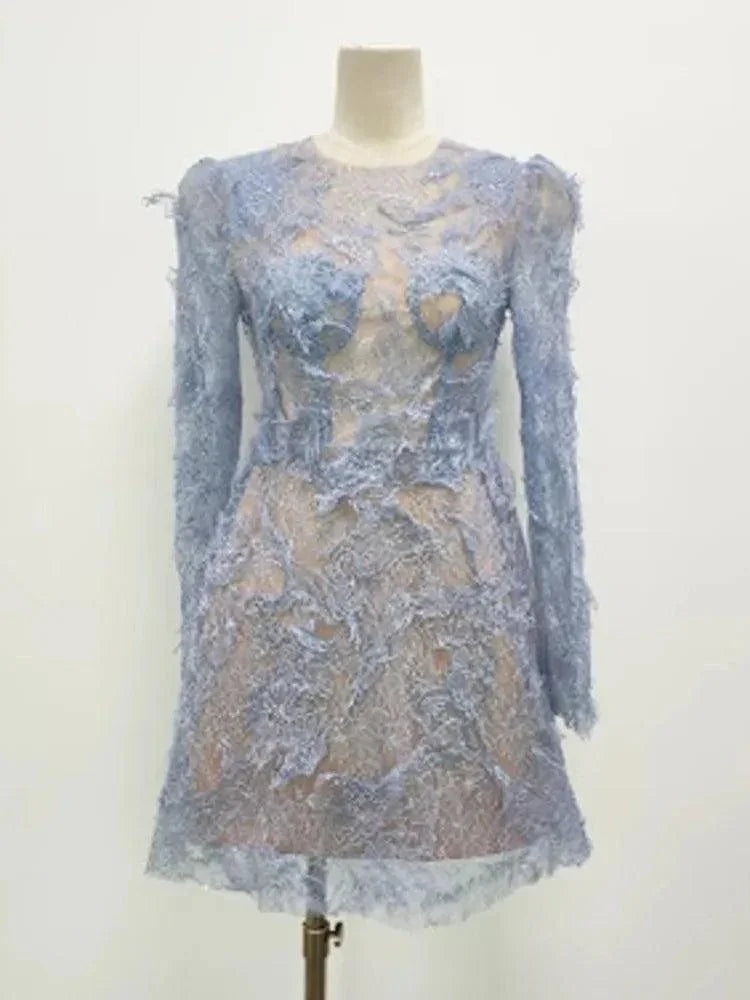 Lace Long Sleeve 3D Petal Dress – Elegant A-Line Short Dress -Guocali