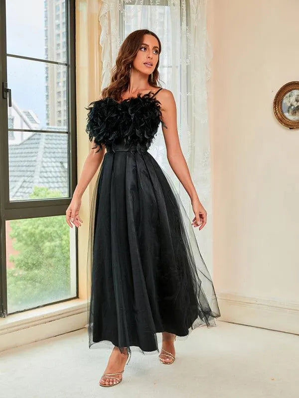 Ladies Feather Sling Mesh Party Dress -Guocali