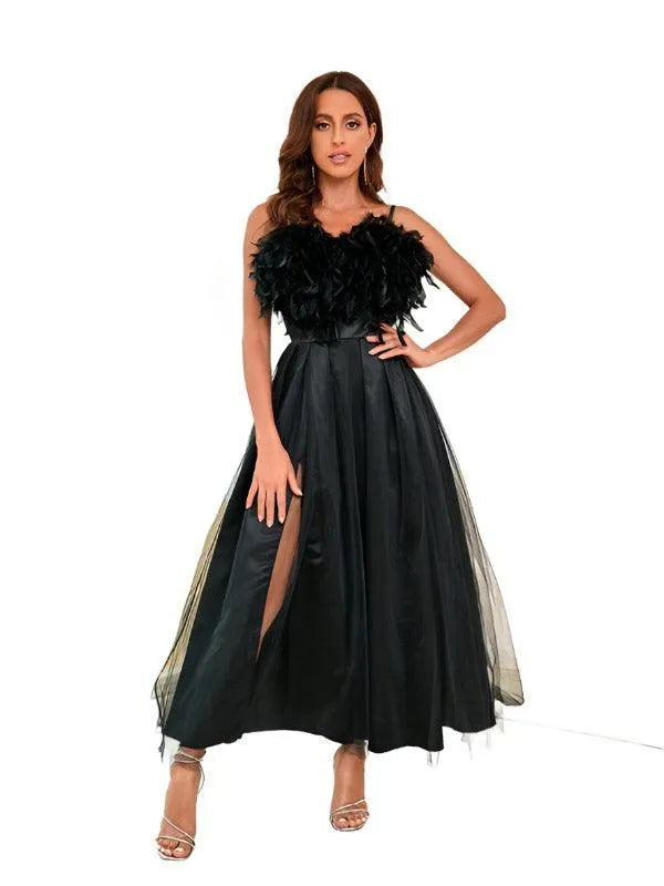 Ladies Feather Sling Mesh Party Dress -Guocali