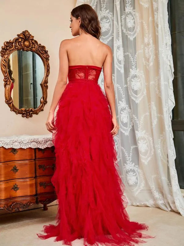 Ladies Lace Mesh Tube Top Party Dress -Guocali
