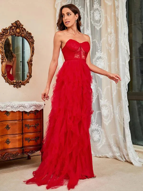 Ladies Lace Mesh Tube Top Party Dress -Guocali