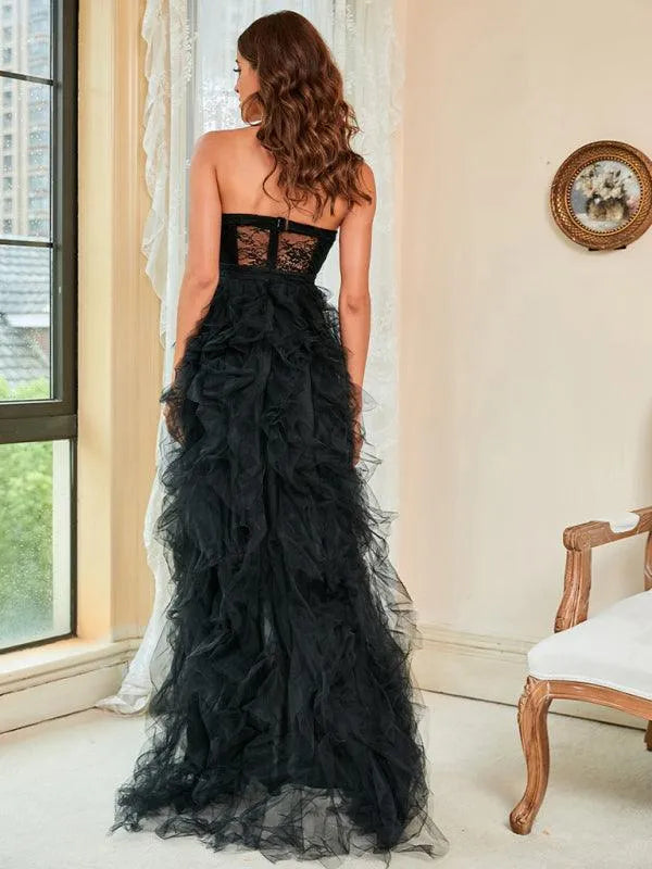 Ladies Lace Mesh Tube Top Party Dress -Guocali