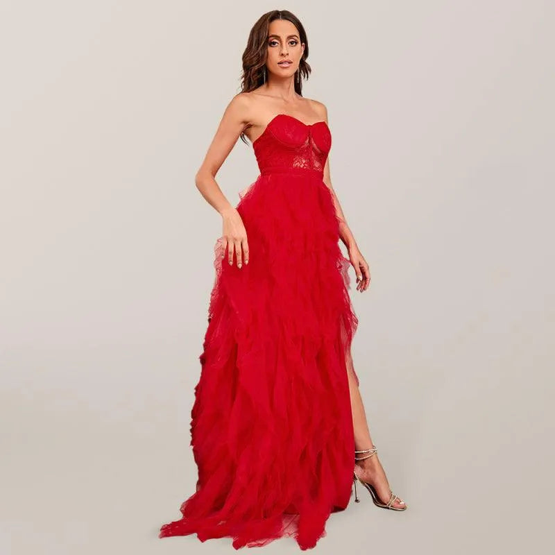 Ladies Lace Mesh Tube Top Party Dress -Guocali