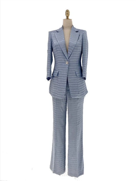 Light Blue Plaid Pant Suit, Thin Women Trouser Suit -Guocali