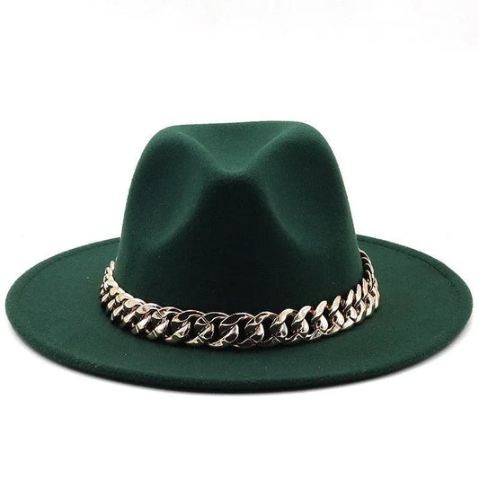Green luxury fedora hat with gold chain detail on white background