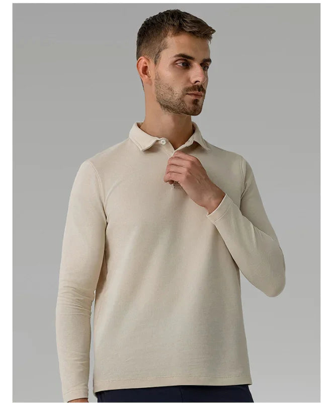Men Long Sleeves Cotton Regular Fit Polo Shirt – Stretchable - Beige -Guocali