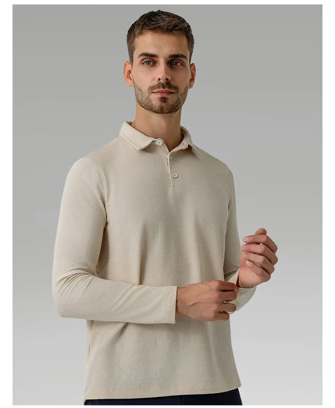 Men Long Sleeves Cotton Regular Fit Polo Shirt – Stretchable - Beige -Guocali