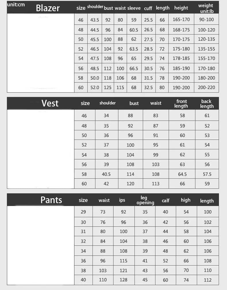 Men's suit size chart for blazer, vest, and pants with measurements in cm and lb