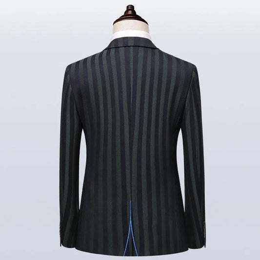 Back view of men's Caruso striped suit jacket on mannequin, dark fabric, classic fit
