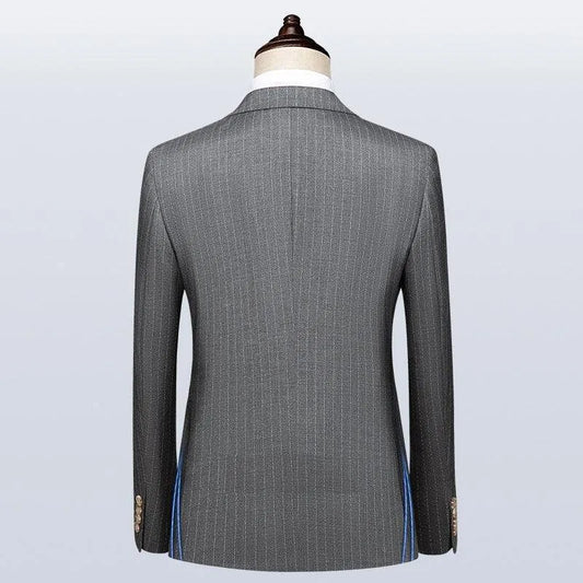 Back view of a gray pinstripe men's double-breasted suit jacket on mannequin