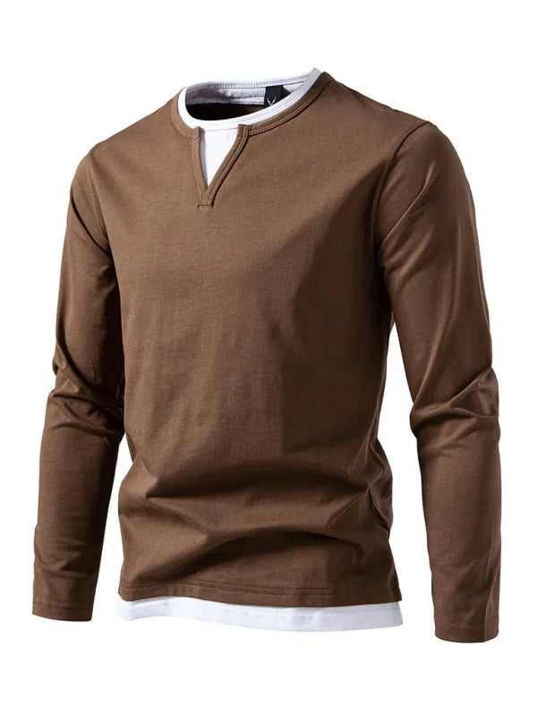 Men V-Neck Long-Sleeves T-Shirt – Stretchable - Gray, White -Guocali