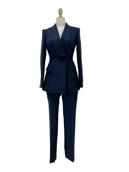 Navy Blue Double-Breasted Pant Suit - Woolen Trouser suit -Guocali