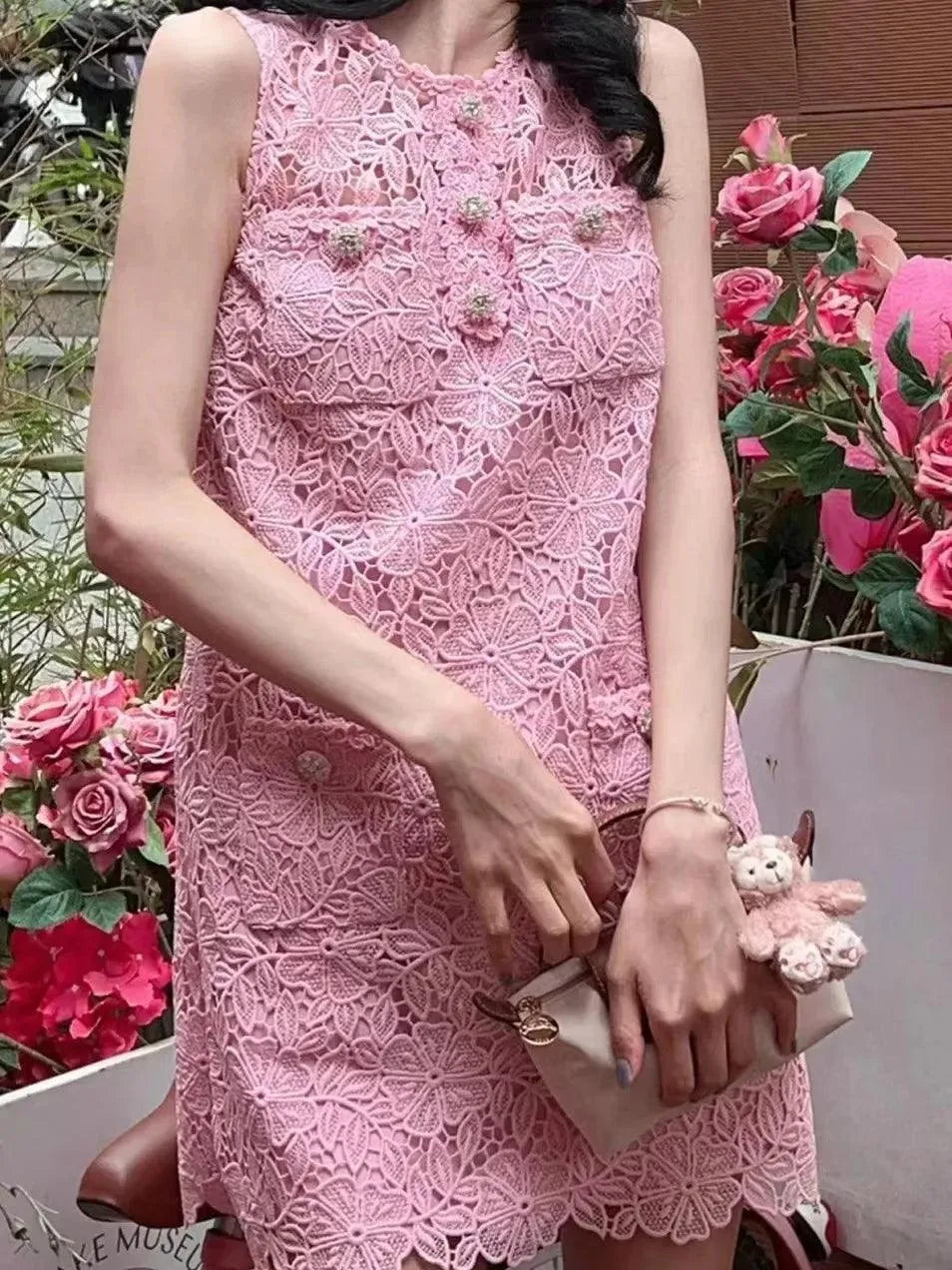 Pink Sleeveless Lace Short Dress -Guocali