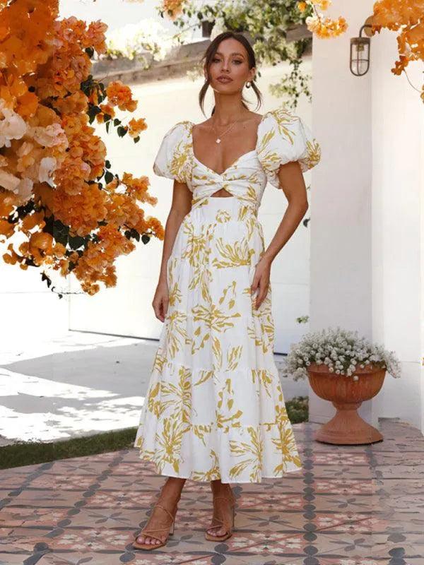 Printed Puff Sleeve Swing Summer Dress -Guocali