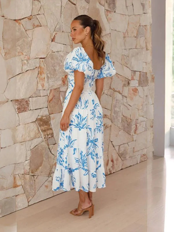 Printed Puff Sleeve Swing Summer Dress -Guocali