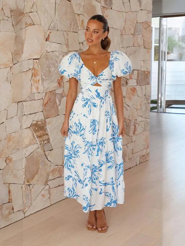 Printed Puff Sleeve Swing Summer Dress -Guocali