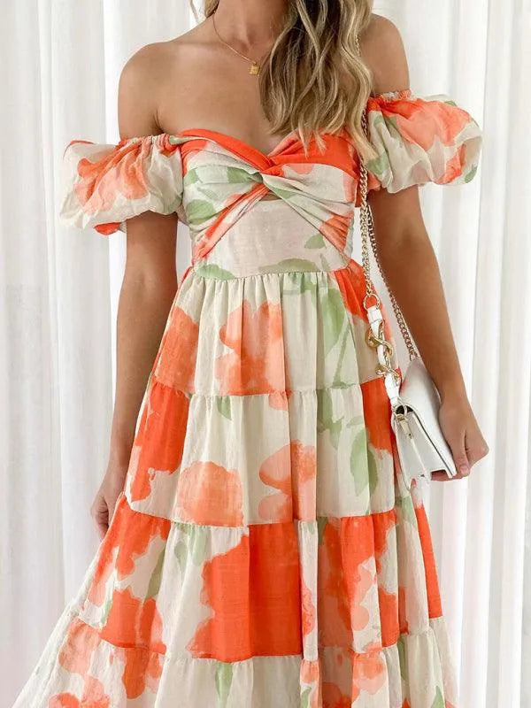 Printed Puff Sleeve Swing Summer Dress -Guocali
