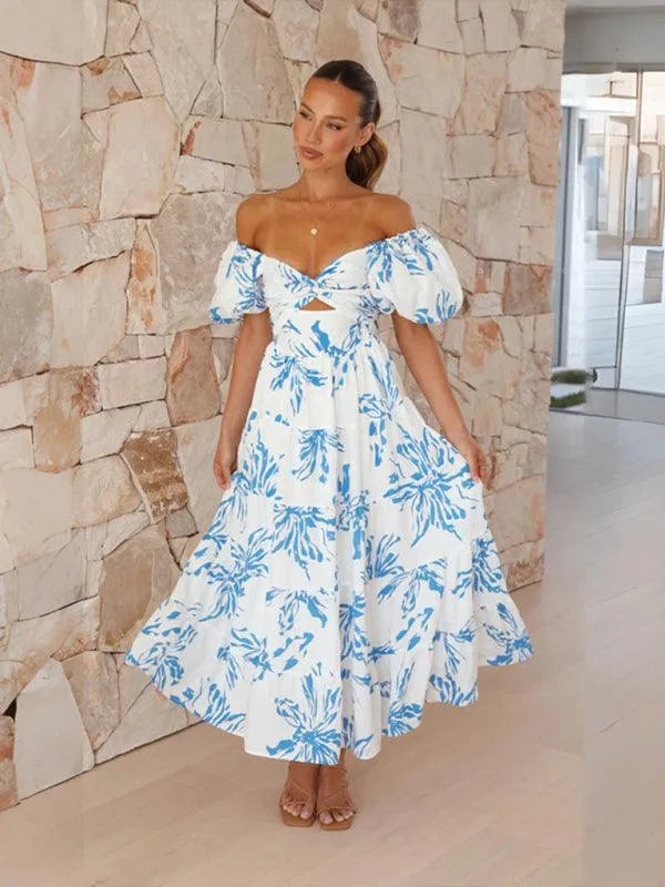 Printed Puff Sleeve Swing Summer Dress -Guocali