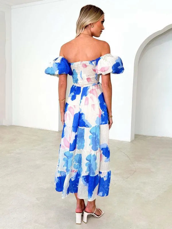 Printed Puff Sleeve Swing Summer Dress -Guocali