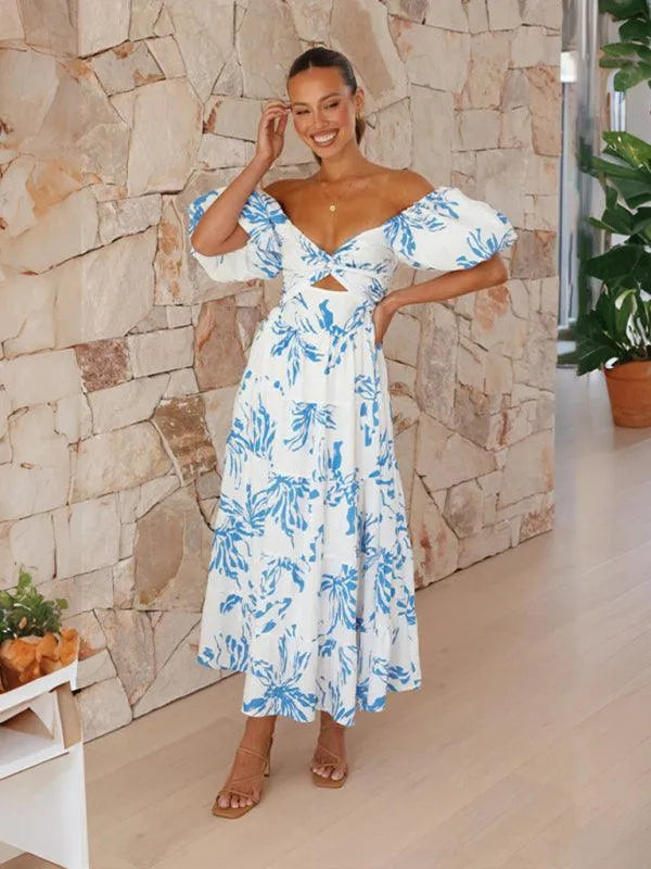 Printed Puff Sleeve Swing Summer Dress -Guocali