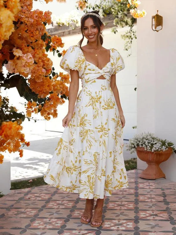 Printed Puff Sleeve Swing Summer Dress -Guocali