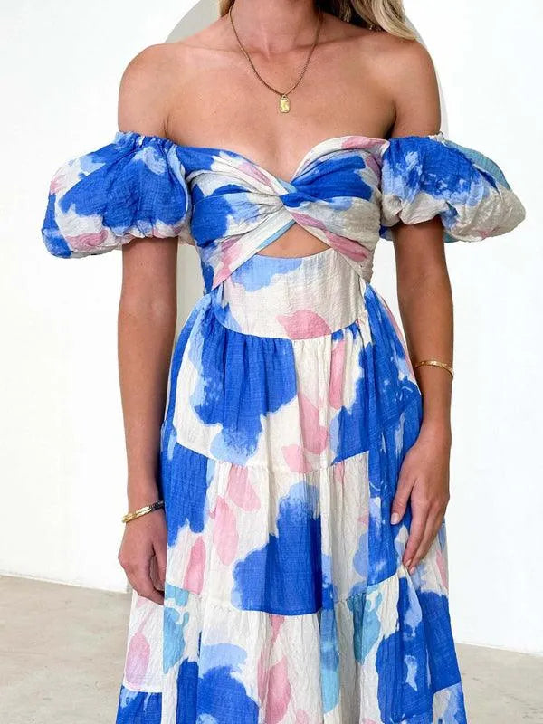 Printed Puff Sleeve Swing Summer Dress -Guocali