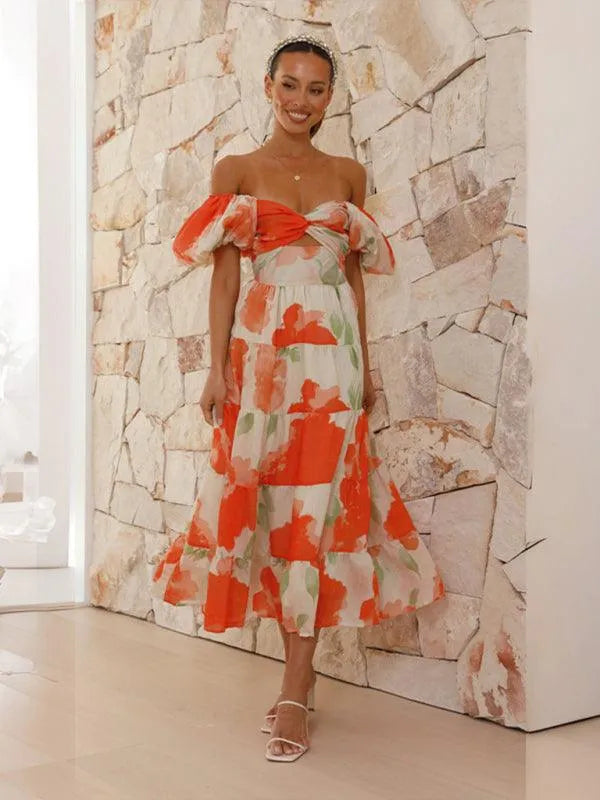 Printed Puff Sleeve Swing Summer Dress -Guocali