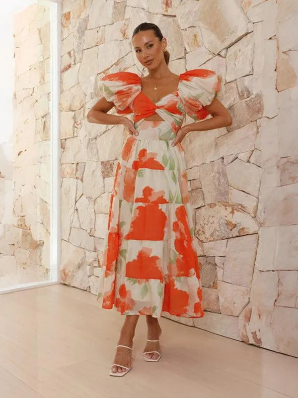 Printed Puff Sleeve Swing Summer Dress -Guocali