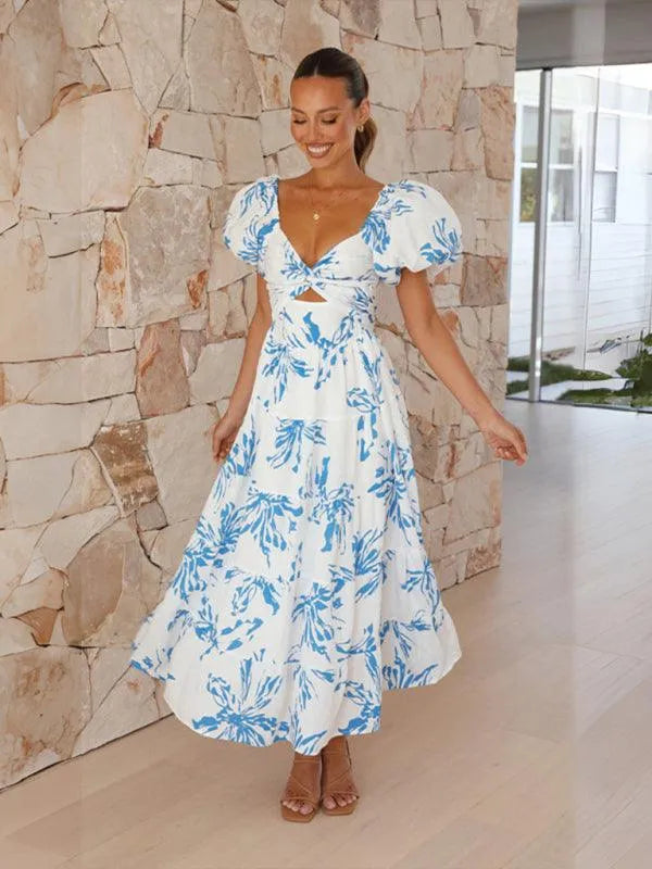Printed Puff Sleeve Swing Summer Dress -Guocali