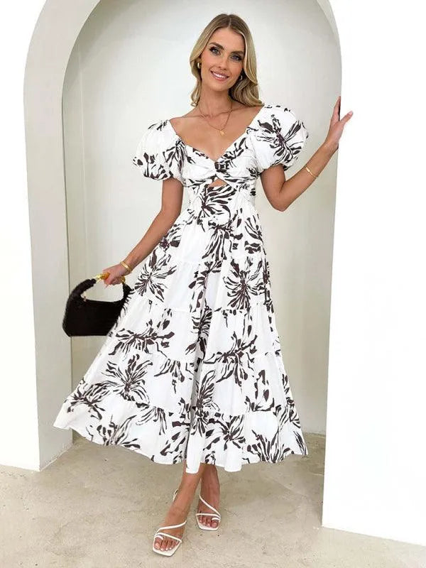 Printed Puff Sleeve Swing Summer Dress -Guocali