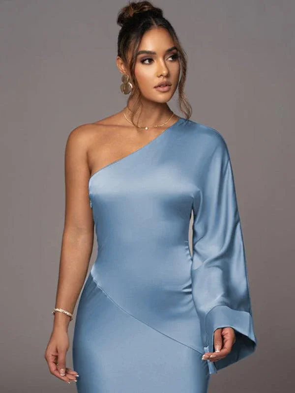 Satin Stitching One-shoulder Party Dress -Guocali