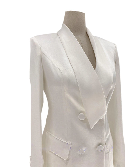 White satin double-breasted pantsuit jacket for women on mannequin