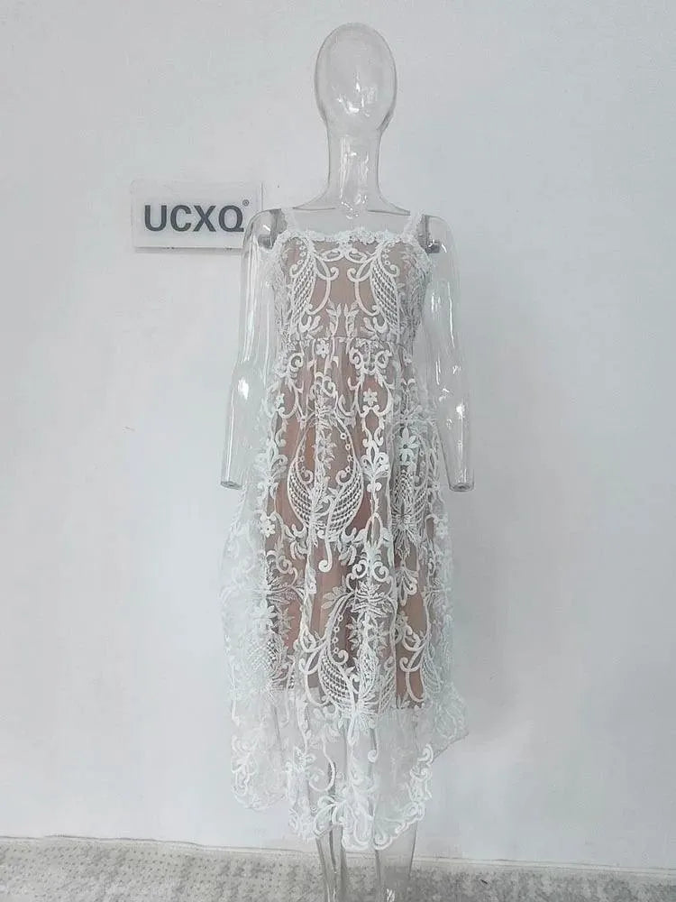 Square Neck Lace Embroidery Camisole Dress -Guocali