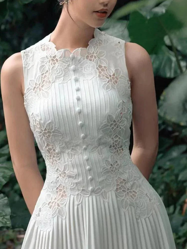 Sweet Long Pleated Lace Embroidery Dress -Guocali