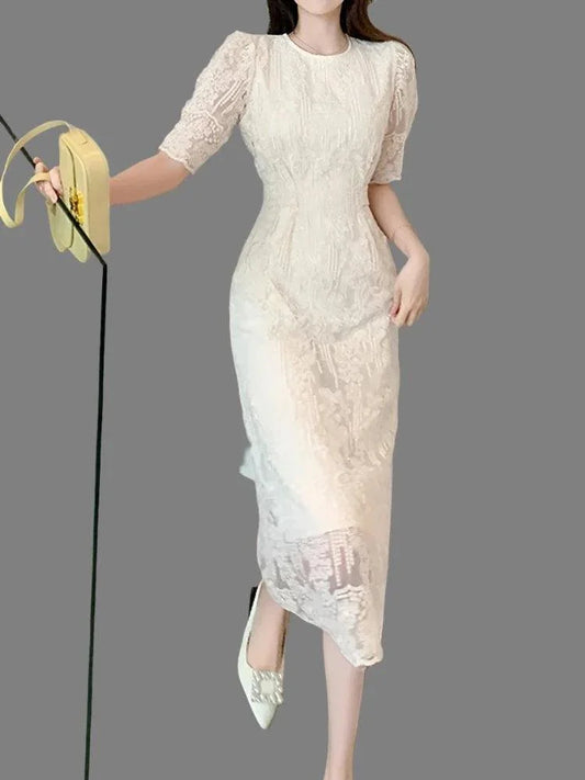 White O-Neck Lace Bubble Sleeve Dress -Guocali