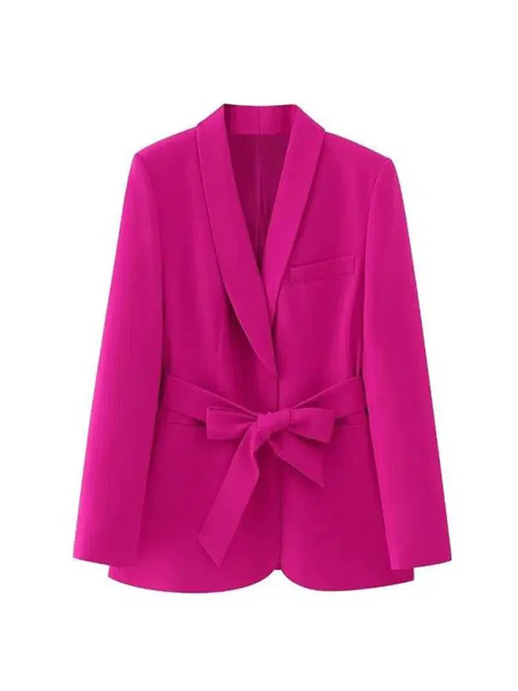 Women Blazer - Lightweight - Beltted, Tie, Wrap - Pink, Rose Red -Guocali