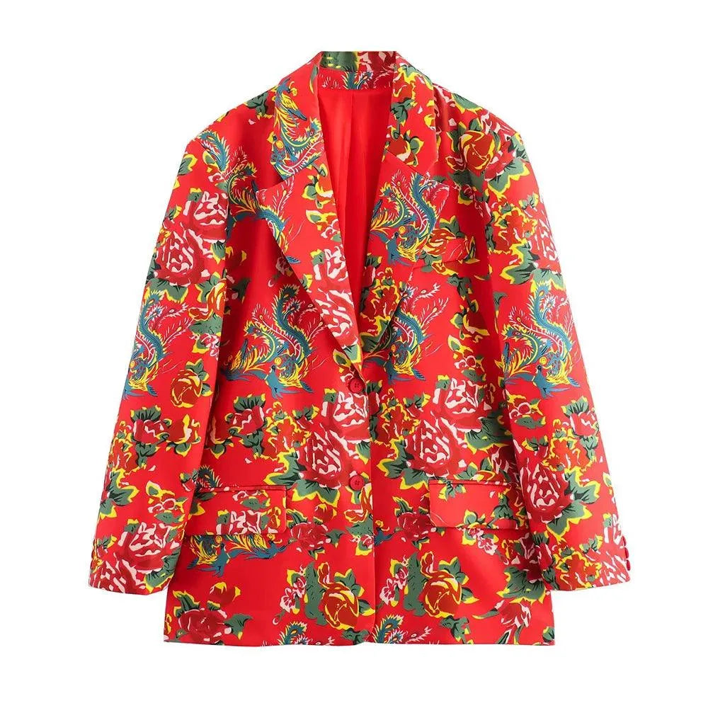 Women Blazer - Lightweight - Button - Red, Multicolor -Guocali