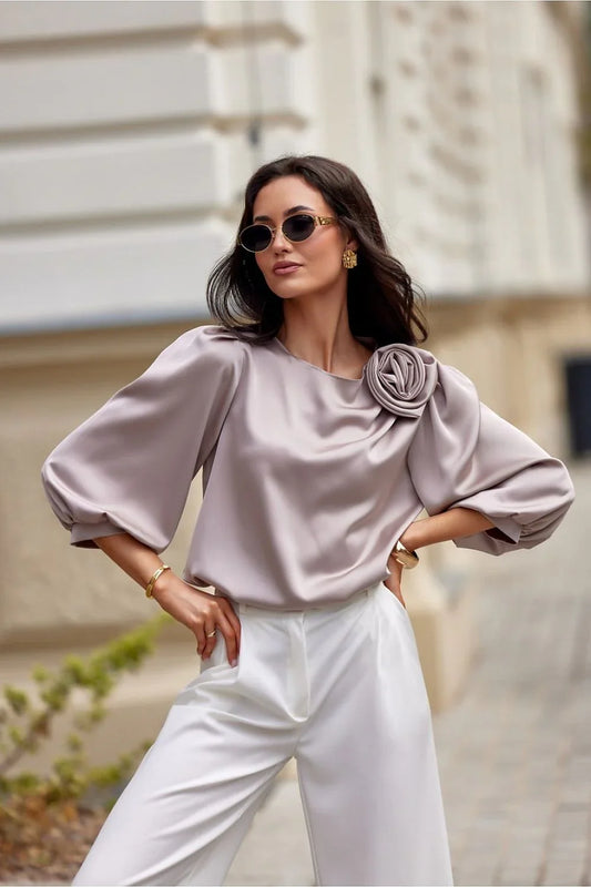 Women Blouse – Lightweight – Long Sleeve Beige -Guocali