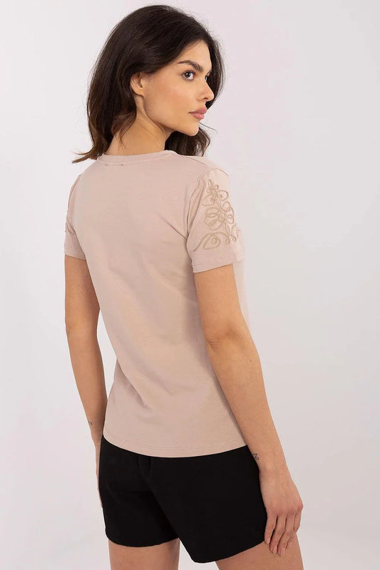 Women Round-Neck Short-Sleeves T-Shirt – Stretchable - Beige -Guocali