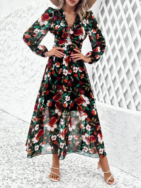 Women Ruffled Waist Printed Summer Dress -Guocali