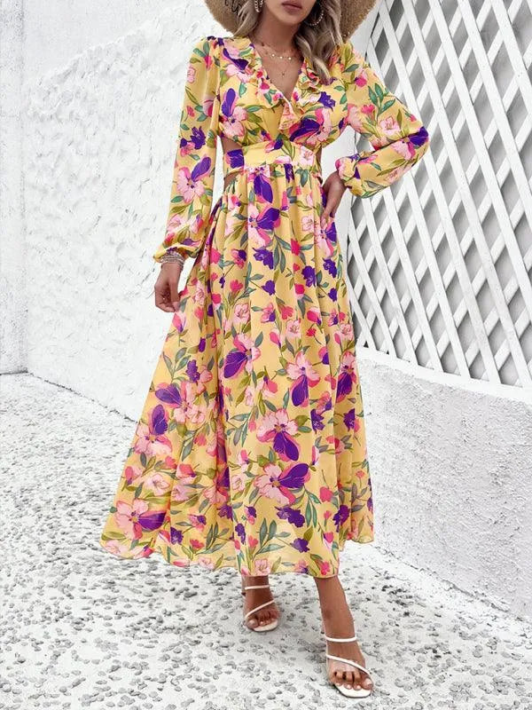 Women Ruffled Waist Printed Summer Dress -Guocali