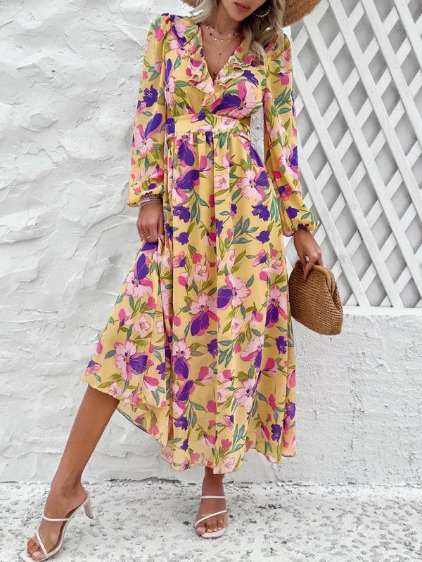 Women Ruffled Waist Printed Summer Dress -Guocali