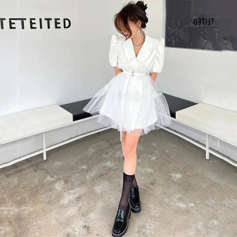 Women’s Notched Puff Sleeve Mesh Dress – Elegant Summer Outfit -Guocali