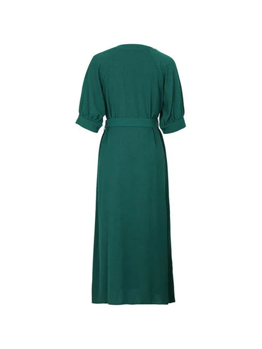 Women's V-Neck Green Dress With Belt -Guocali